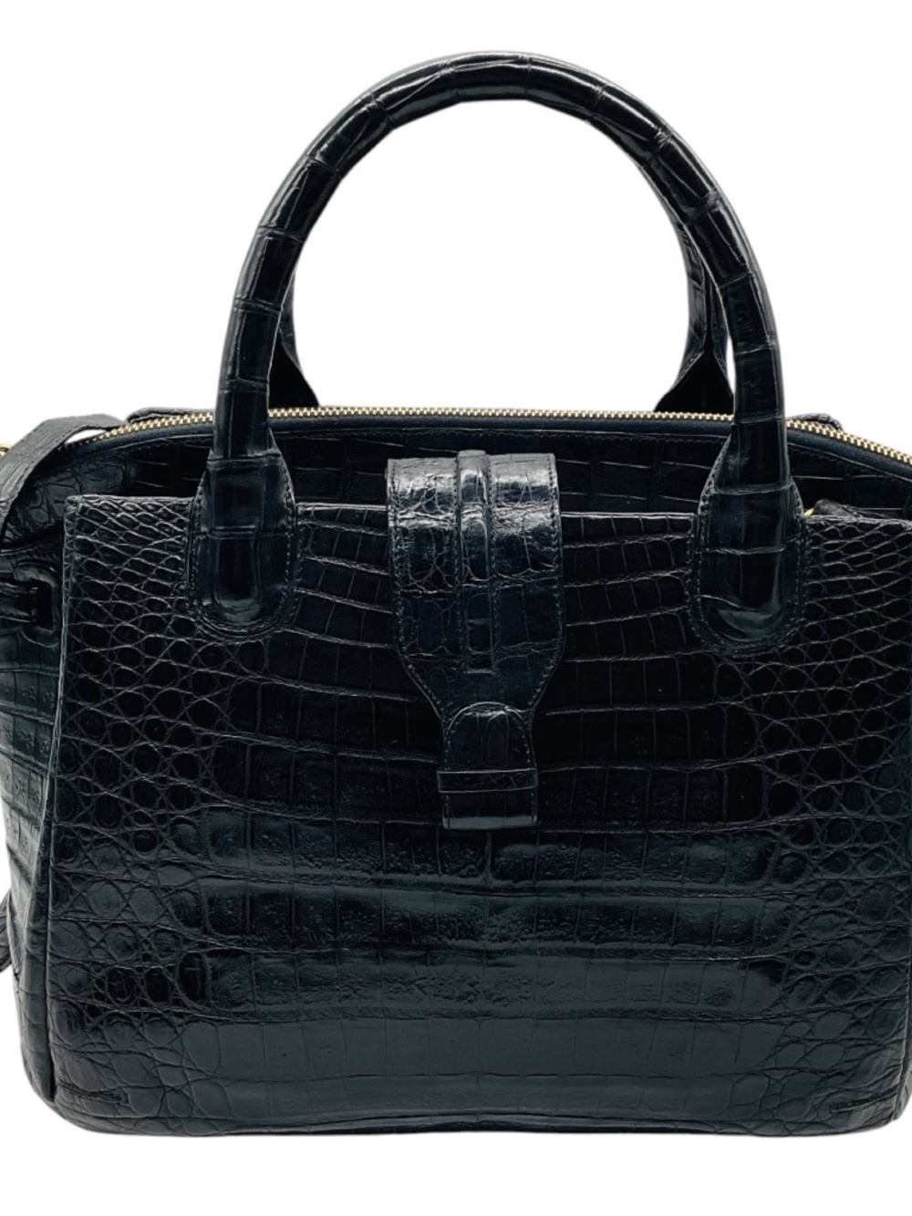 NANCY GONZALEZ BLACK GENUINE CROCODILE DOUBLE TOP HANDLE SATCHEL HANDBAG